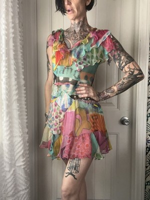 Y2K John Galliano Silk Dopamine Layered Whimsical Mini Dress Euro Art Italy 40/S