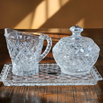 Vintage 4pc Lead Crystal Clear Cut Glass Creamer & Sugar Bowl Set w/Lid and Tray