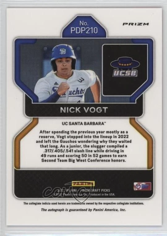 2022 Panini Prizm Draft Picks Neon Pink Velocity Nick Vogt #PDP210 Auto - Image 2 of 2