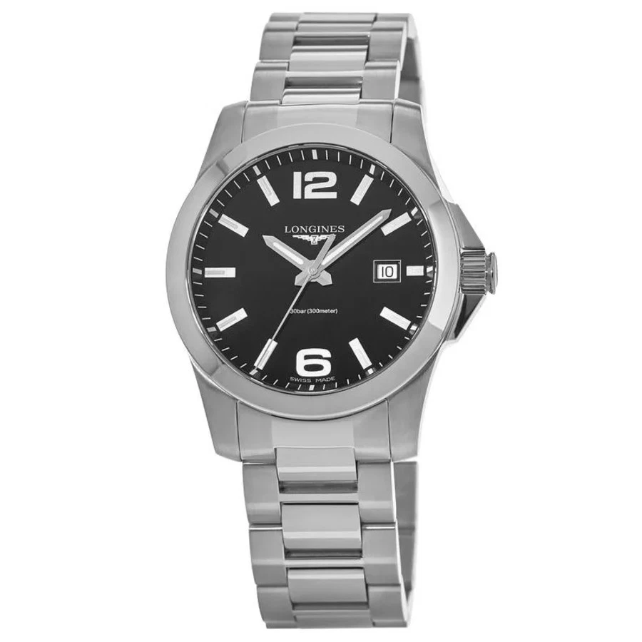 Nuevo reloj Longines Conquest de cuarzo con esfera negra de acero inoxidable para hombre L3.759.4.58.6