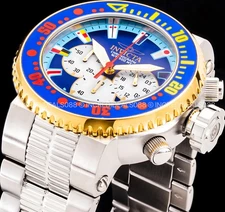 Invicta Men PRO DIVER CHRONOGRAPH BLUE RED YELLOW GOLD Dial Bezel Silver Watch