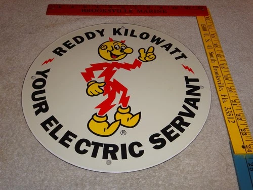 VINTAGE REDDY KILOWATT ELECTRIC POWER 11 3/4" PORCELAIN METAL GASOLINE OIL SIGN!