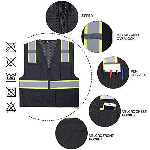 Hi Vis Safety Reflective Mesh Vest for Men ANSI Class 2 High Medium Black - Picture 6 of 6