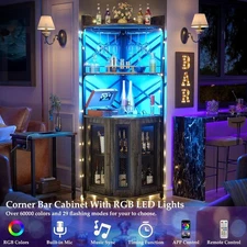 Bar Corner Liquor Cabinet Wine Storage Stemware Rack with LED Light Dining Room