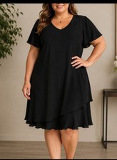 Vintage 90s S.L. Fashions V Neck Shift Dress Black 16 WP Asymmetrical Tiered