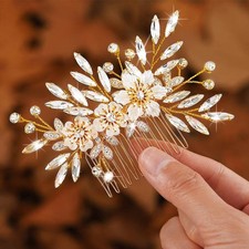 Flower Bride Wedding Hair Comb Gold Rhinestone Headpiece Bridal Crystal Leaf