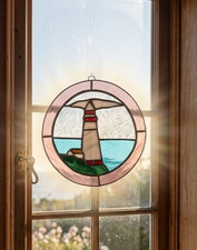 Stained Glass Lighthouse Suncatcher 7  Coastal Nautical Beach Window Decor