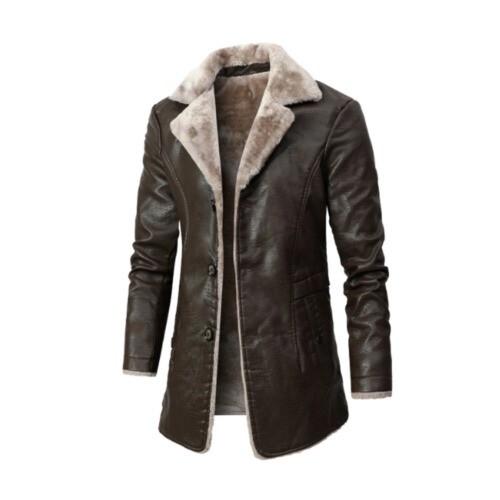 Pelz gefütterter langer Mantel echtes Lammfell warm Winter Lammfell Jacke Herren Leder - Bild 8 von 15