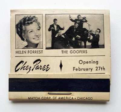Vintage Matchbook, Chez Paree, Chicago 1955, Helen Forrest, The Goofers, Matches
