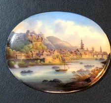 Antique Miniature Painting Cameo Swiss Hand Painted Porcelain Plaque Village Pin