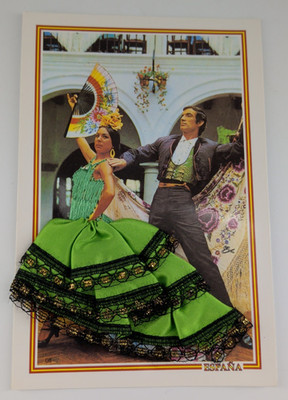 Embroidered Postcard From Spain Green Dress Flamenco Dancer Real Photo Vintage