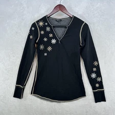 Alp N Rock Shirt Womens S Black Snowflake Embroidered Thermal Henley Top V Neck