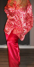 Vtg Coral Gold Scroll Satin Pajama Top Bottoms Set XL