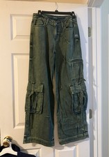 Women's Mid-Rise Cargo Baggy Wide Leg Utility Jeans Wild Fable Dark Wash Size 0