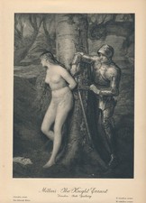 Antica stampa ar preraffaellita J Millais 115+ anni CAVALIERE ERRANTE nudo medievale