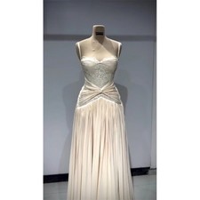 Champagne Spaghetti Strap Wedding Dresses Lace Twist Waist Chiffon Bridal Gowns