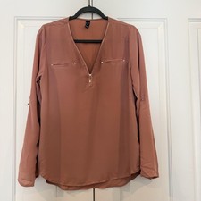 Windsor Blouse Womens L Pink Taupe Chiffon Zip Front Roll Tab Sleeve Tunic Top