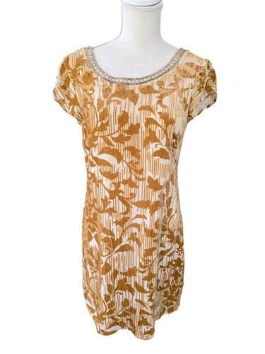 SUNDANCE Gold Velvet Burnout Floral Silk Blend Dress Size 6 Cap Sleeve Gorgeous - Picture 2 of 8