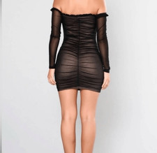 Maura Black Mesh Off the Shoulder Mini Dress, Nude Lined Dress, Shr Slv NWOT, S