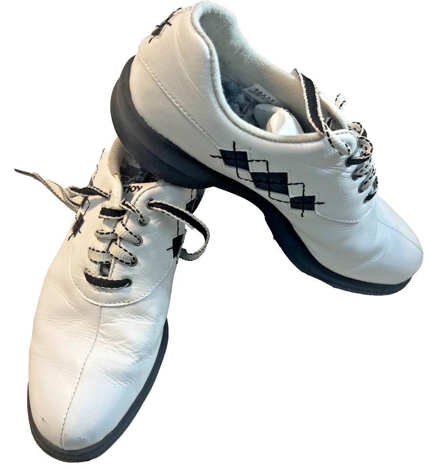 Sapatos de golfe femininos FootJoy tamanho 7 couro branco impermeável ajuste confortável chuteiras FJ - Imagem 4 de 4