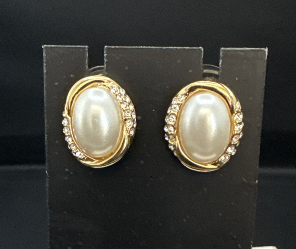 Gold Tone Faux Pearl Rhinestone Drop Hoop Earrings Black Dangle
