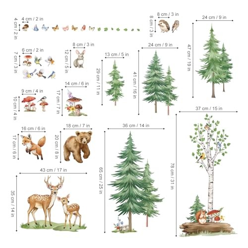 Large Pine Tree Woodland Animals Wall Stickers Forest Birch Bear Deer Fox - Picture 5 of 6