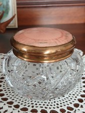 Pretty Vintage Cut Glass Powder Puff Jar with Metal Lid Pink Dressing Table Pot