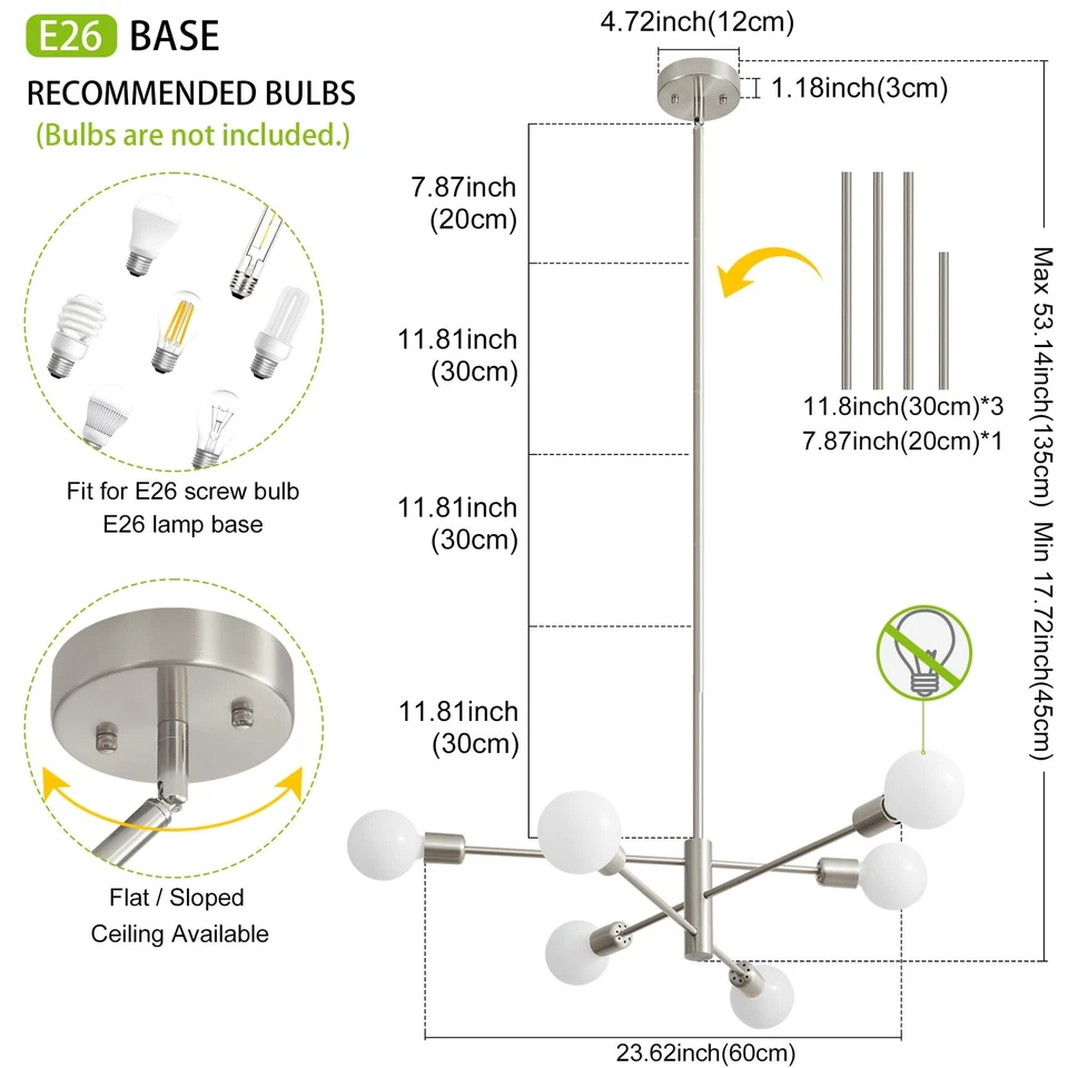 Lámpara de araña Sputnik moderna de níquel cepillado 6 luces techo de mediados de siglo... Foto 2 de 4