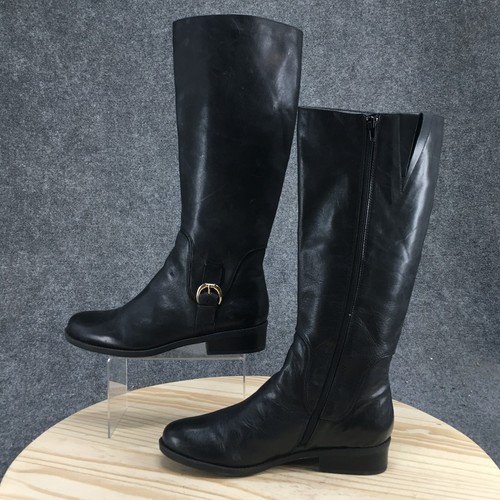 Me Too Boots Womens 11 M Dee Tall Riding Black Leather Buckle Side Zip Heels - Picture 2 of 17