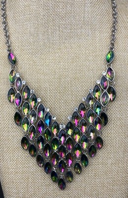 Stunning Silver Tone Necklace With Cascading Aurora Borealis Rainbow Topaz Rhi 