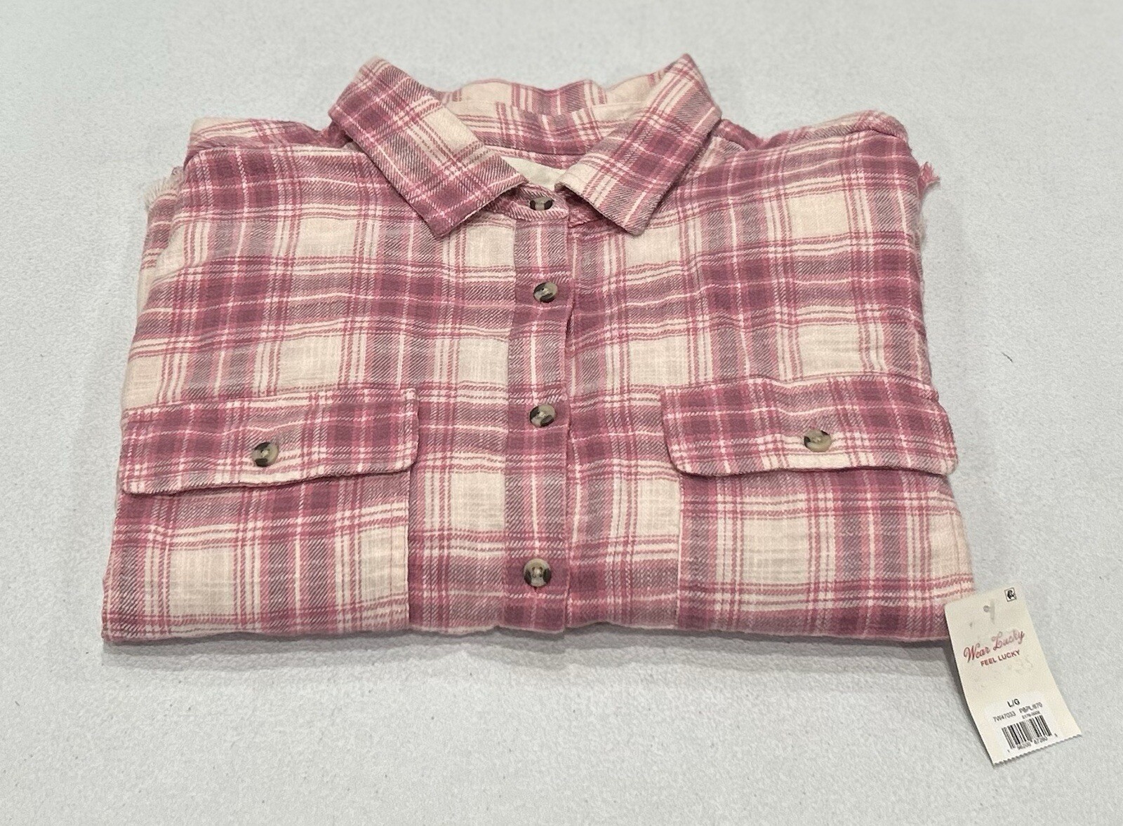 Lucky Brand Womens Pink Blush Plaid Cropped Raw Edge Shirt Size L