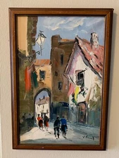 A Beautiful Oil Painting on canvas, signed,depicting people strolling about town