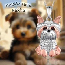 Cute Yorkshire Terrier Puppy Dog Pendant Necklace Rose Golden Silver Rhinestones
