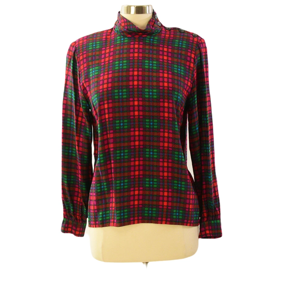 Blusa de seda Liz Claiborne vintage años 80 para mujer S roja a cuadros cuello falso top de vacaciones Foto 2 de 4