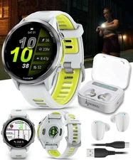 Garmin Forerunner 970 GPS Running Smartwatch  Titanium White w/WHT EarBuds