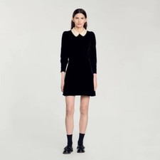 Sandro velour Pearl Doll collar Long sleeve Dress Black for Women