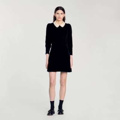 Sandro velour Pearl Doll collar Long sleeve Dress Black for Women | eBay