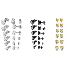 3mm-8mm Stainless Steel Round Clear Cubic Zirconia Men Women Ear Stud Earrings
