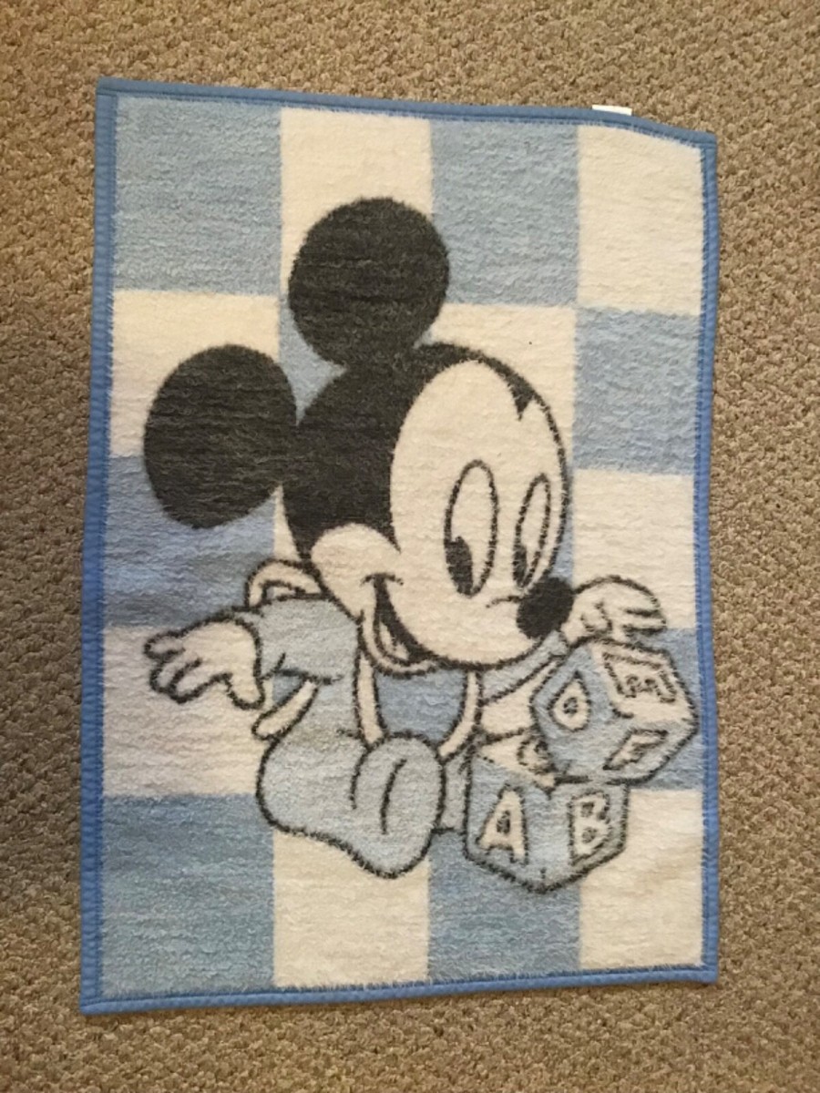 Vtg Disney Baby Mickey Mouse Blue Biederlack Blanket ABC Blocks