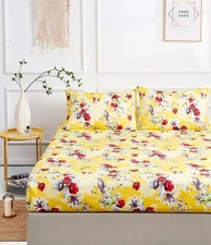 DaDa Bedding Bright Sunshine Yellow Hummingbirds Floral Garden Fitted Bed Sheet 