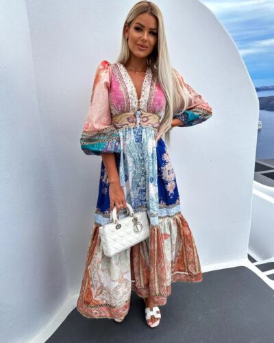 Women's Patchwork Printed Hollow Out Maxi Dress Fashion V Neck Long Sleeved