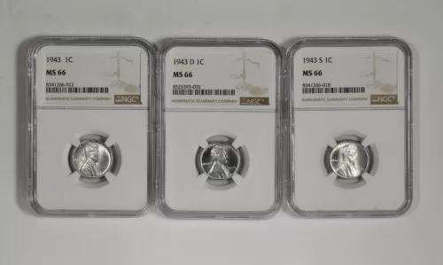 1943 P D S 1C Lincoln Steel Wheat Cent NGC MS 66 Three Coin Lot