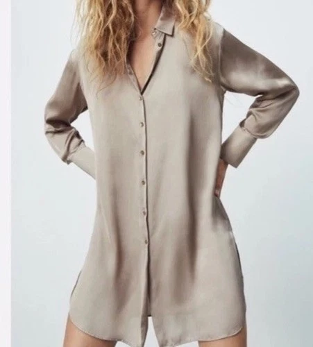 Zara Satin Effect Shirt Dress Women Size M-Taupe/Gray Button Up Modern Mini