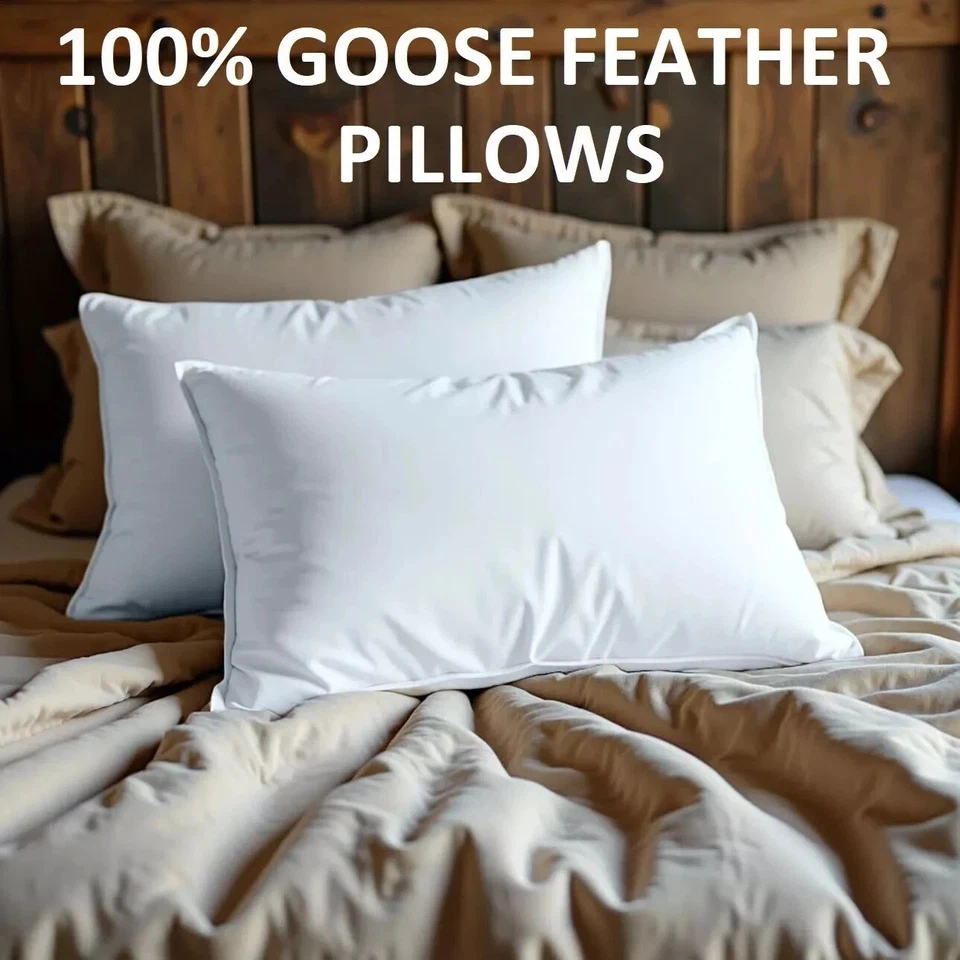 COVER: 100% POLYESTER (FEATHER PROOF), FILLING COMPOSITION: 100% 1,2,4 Goose Feather & Down Pillows Extra Filled Soft Hotel Quality UK Size
