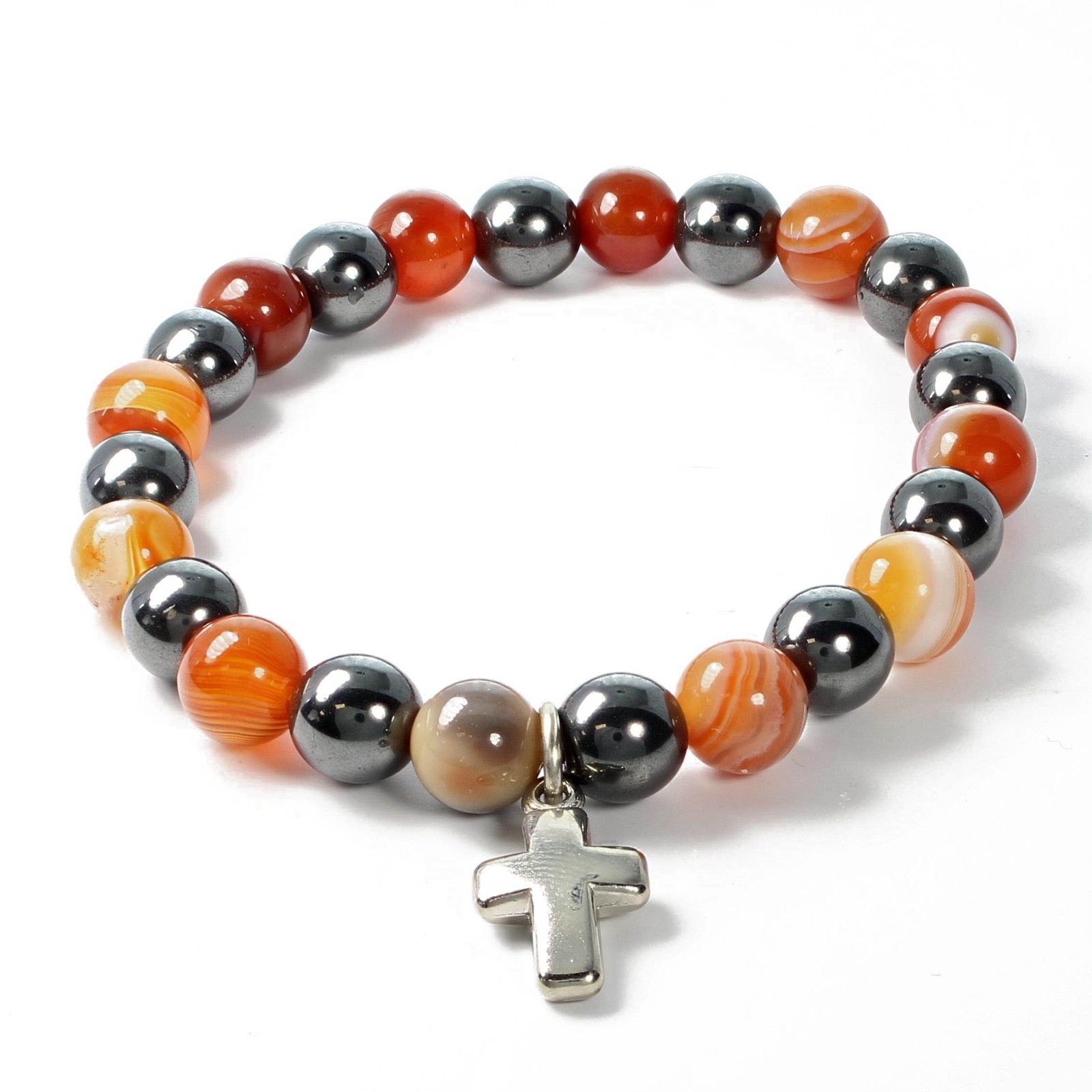 Bracelet en hématite véritable et cornaline naturelle avec croix en acier inoxydable