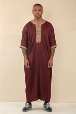 Mens Burgundy Moroccan Thobe Jubba Robe Djellaba ShortSleeve Embroidery Gandoura