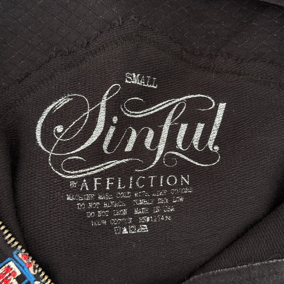 Chaqueta Sinful by Affliction Mujer Pequeña Estrás Cabeza de Toro Topeka Lluvia Y2K Foto 3 de 4