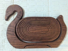 Vintage Hand carved Duck Shape Wooden Expandable Foldable Fruit Basket Bowl 