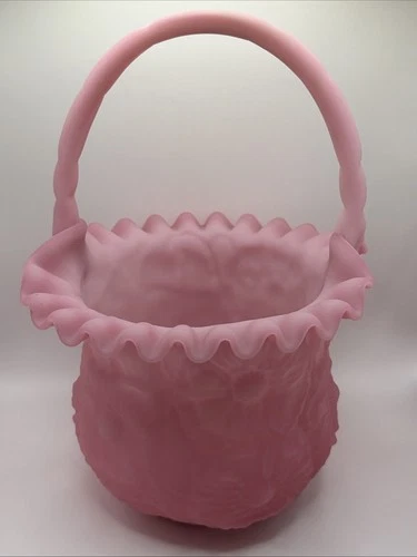 Fenton Rose Satin 9.25” Poppy Basket Pink Glass Vintage