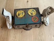 Vintage Chicago White Roller Skates USA Metal Case Graphic Stickers 1940s -50s